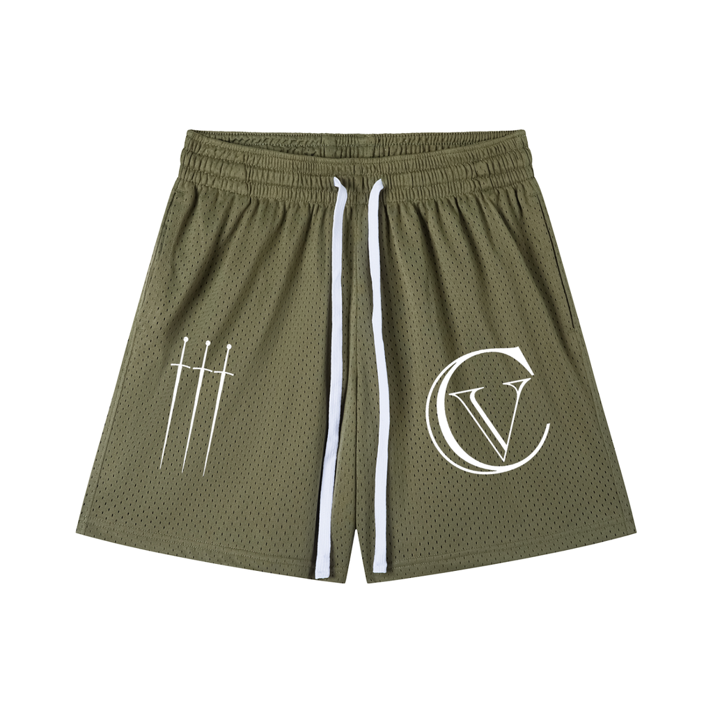 Triple Sword Army Green Mesh Drawstring Shorts