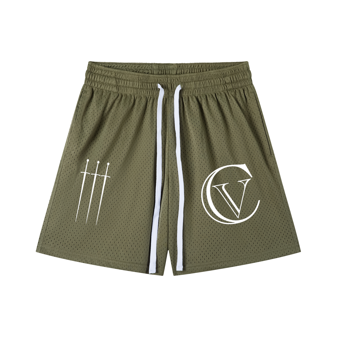 Triple Sword Army Green Mesh Drawstring Shorts
