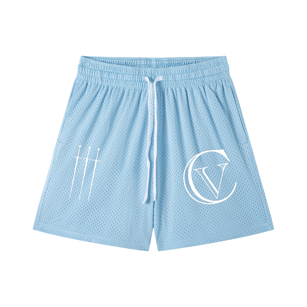 Triple Sword Sky Blue Mesh Drawstring Shorts
