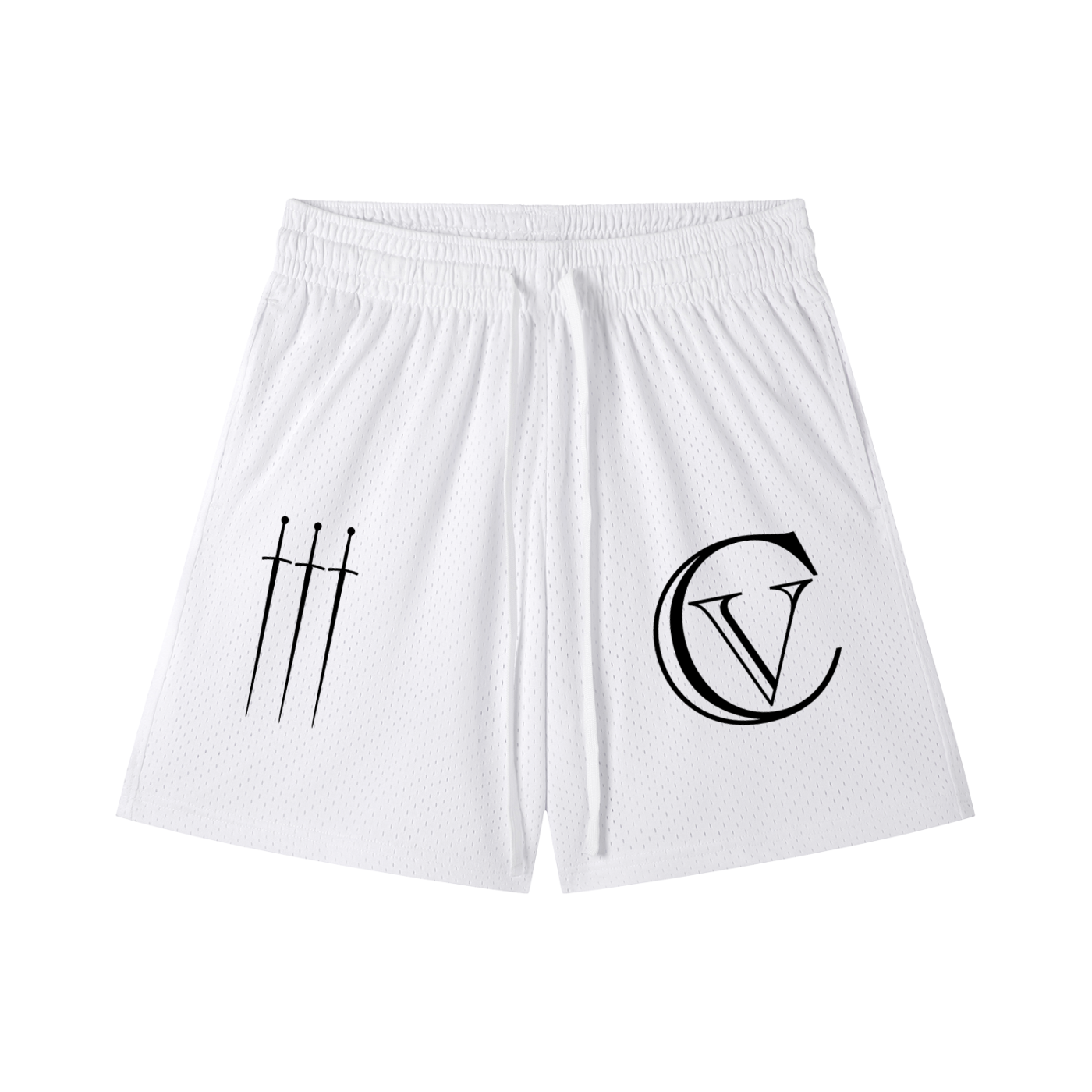 Triple Sword White Mesh Drawstring Shorts